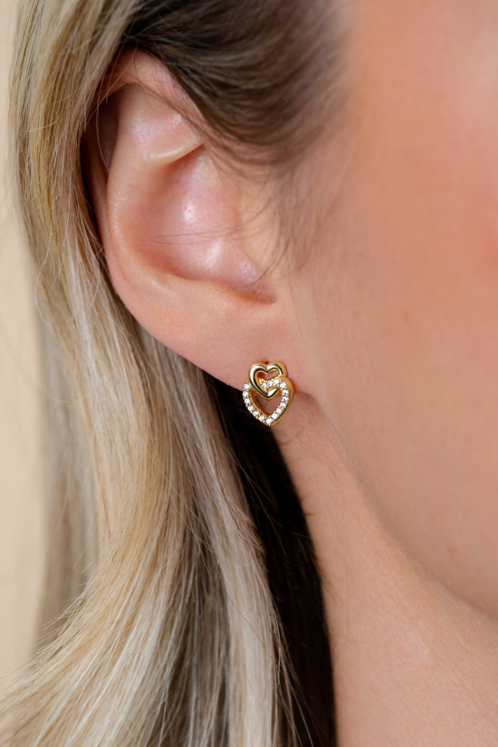 10mm ZINZI Gold Plated Sterling Silver Stud Earrings 2 Connected Open Hearts White Zirconias ZIO2493Y