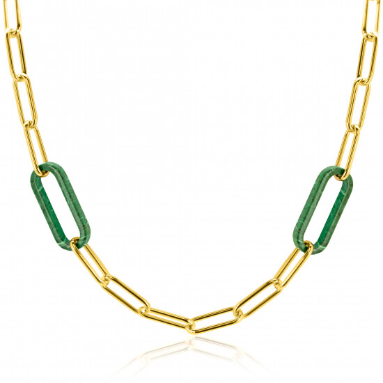 ZINZI Gold Plated Sterling Silver Luxury Necklace with Paperclip Chains and 2 Large Trendy Oval Chains in Malachite Green 43cm ZIC2488