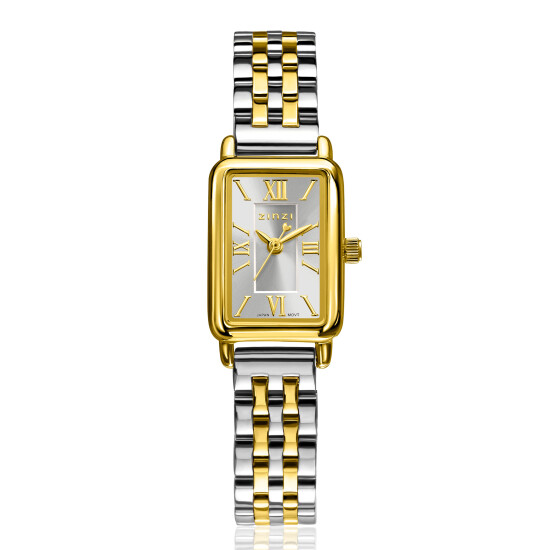 ZINZI Small Elegance Watch Silver Colored Sunray Dial and Rectangular Case Stainless Steel Chain Bicolor Strap 22mm  ZIW2833