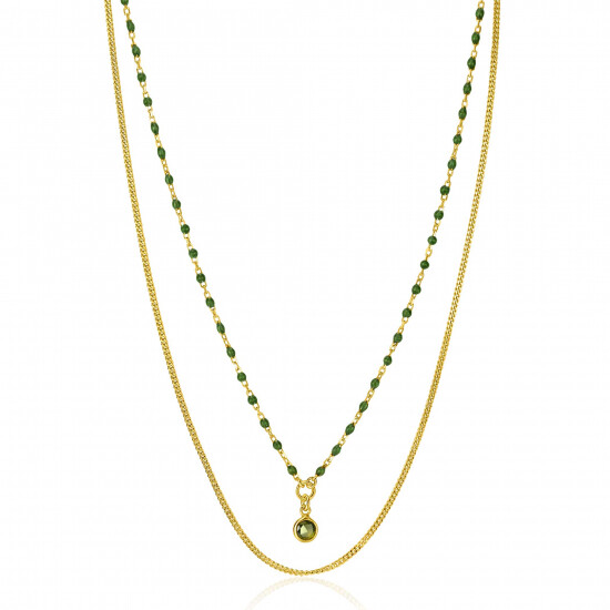 ZINZI Gold Plated Sterling Silver Multi-look Necklace Curb and Green Bead Chain with Round Setting with Olive Green Color Stone 42-45cm ZIC2528G