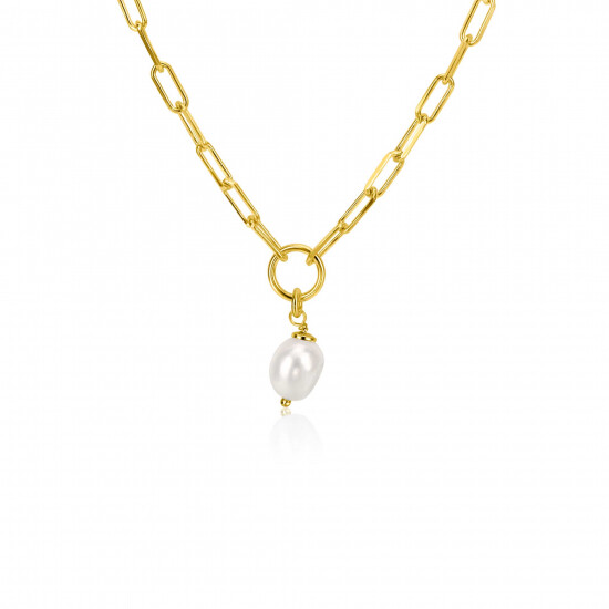 ZINZI gold-plated silver paperclip link necklace with open circle and white freshwater pearl, 42-45cm, ZIC-BF100