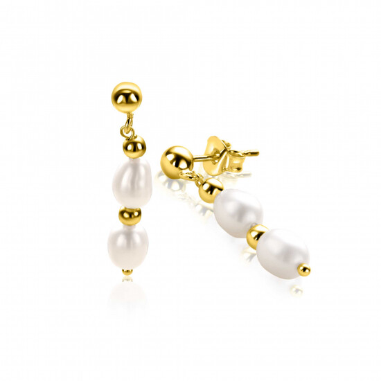 30mm ZINZI gold-plated silver stud earrings with shiny beads and two white freshwater pearls, ZIO-BF121