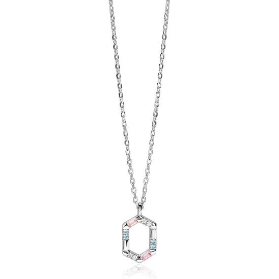 ZINZI zlv. collier met hanger 6-kant  roze/blauw/zirc.