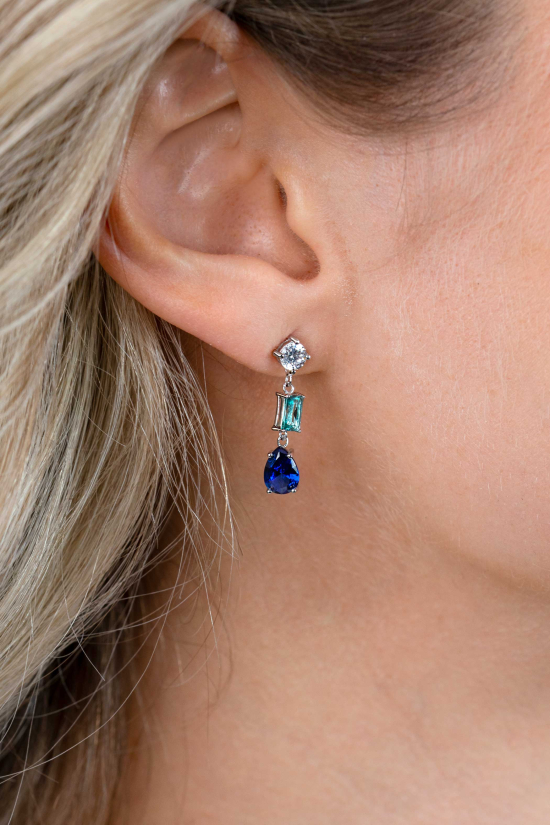 29mm ZINZI Sterling Silver Long Earrings Square, Oval and Drop Blue Color Stones with Small White Zirconias ZIO2397