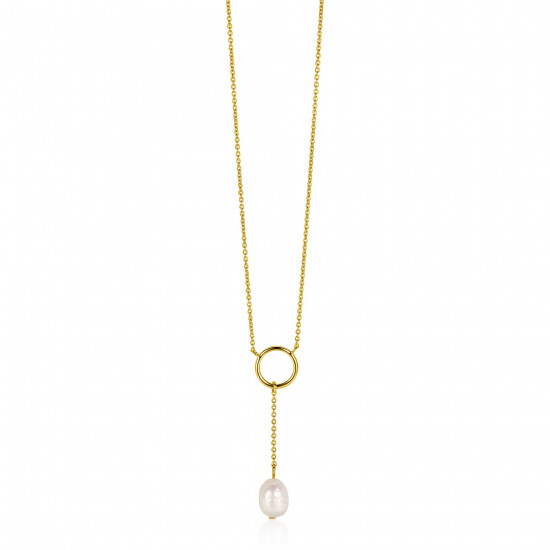 ZINZI gold plated silver Y-necklace with open circle and dangling white freshwater pearl in organic shape 42-45cm ZIC2615