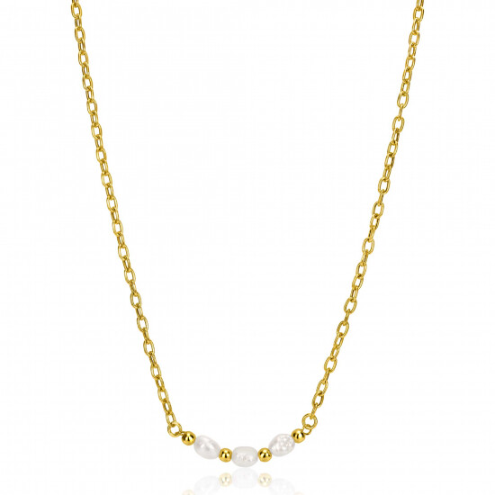 ZINZI gold plated silver chain necklace with three white naturally shaped freshwater pearls in the middle 42-45cm ZIC2643