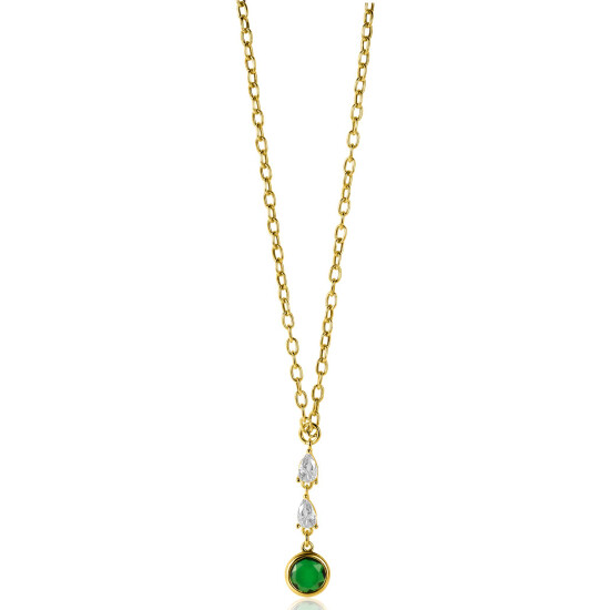 ZINZI Gold Plated Sterling Silver Chain Necklace with Beautiful Pendant (31mm): 2 Triangle Settings with White Zirconias and a Round Green Color Stone 40-45cm ZIC-BF69G