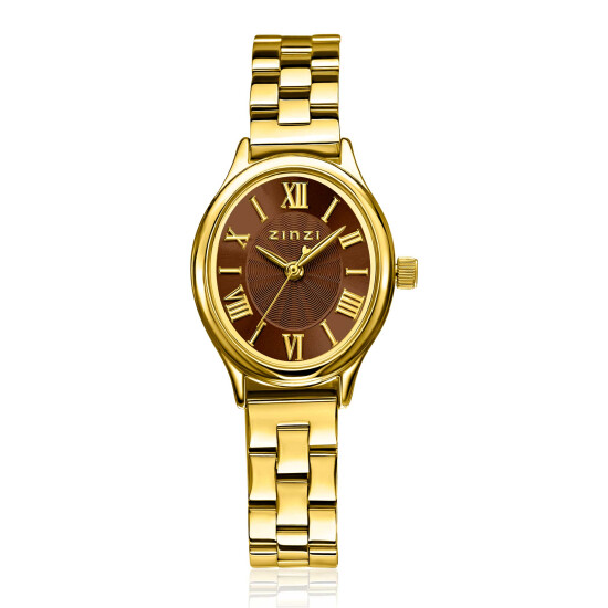 ZINZI Belle Ovale Watch 26mm Brown Colored Dial Gold Colored Case and Stainless Steel Band, Japanese movement ZIW2936