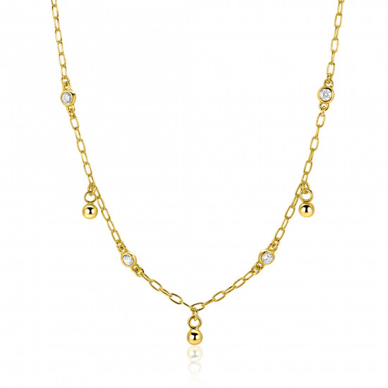 ZINZI gold plated silver link necklace with four white cubic zirconias and three round beads, evenly distributed across the necklace 42-45cm ZIC2658