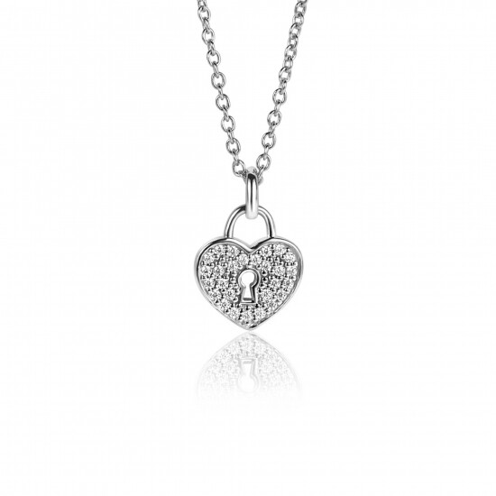15mm ZINZI Sterling Silver Heart Pendant with Trendy Lock and White Zirconias ZIH2400 (excl. necklace)