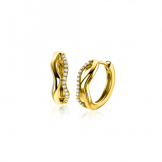 15mm ZINZI gold plated silver hoops organically shaped with two wavy lines, one of which is set with white zirconia, with luxury hinge closure ZIO2629Y