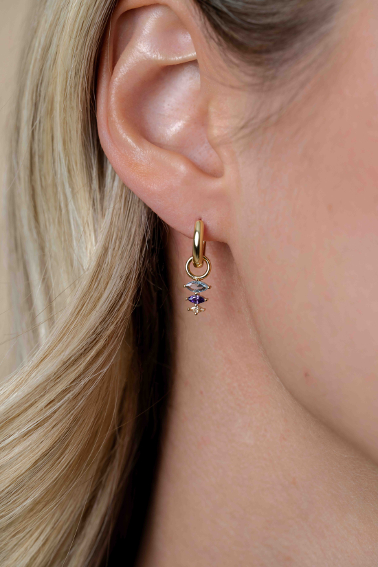 13mm ZINZI gold plated silver charm earrings with three pear-shaped settings in descending size, set with light blue, purple and champagne gemstones ZICH2631BC (without hoops earrings)