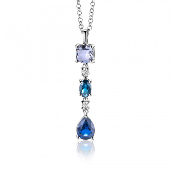 35mm ZINZI Sterling Silver Pendant Square, Oval and Drop Blue Color Stones with Small White Zirconias ZIH2397 (excl. necklace)