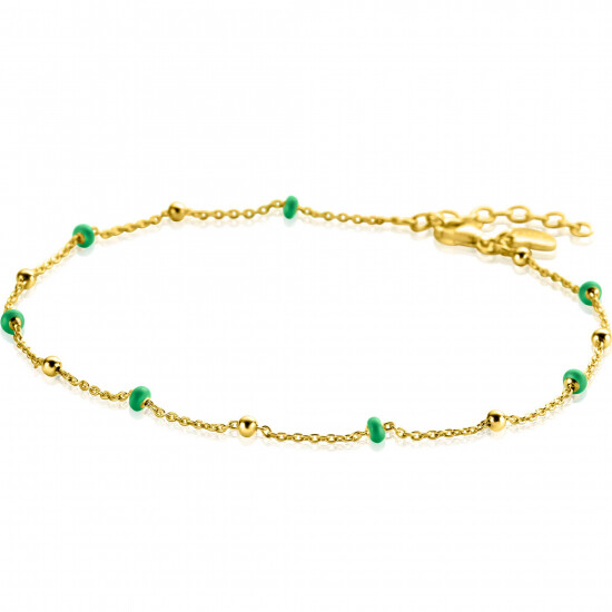 ZINZI Gold Plated Sterling Silver Fantasy Anklet with 7 Green Donuts and Shiny Beads 23+4cm ZIE2509
