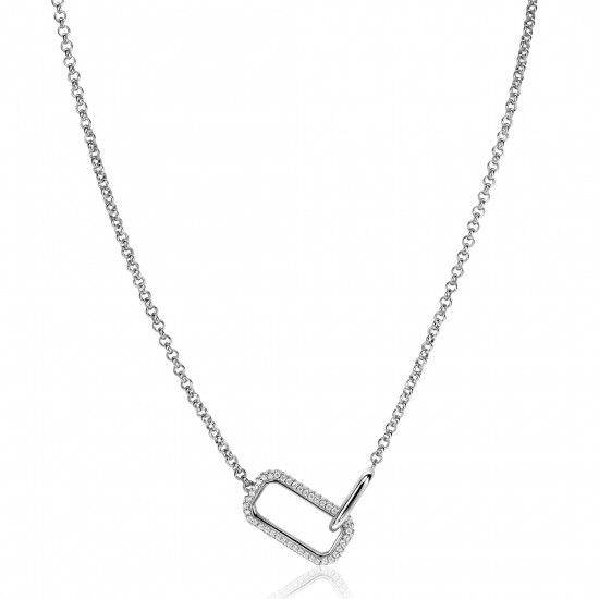 ZINZI Sterling Silver Necklace with 2 Connected Chains: a Rectangular Chain Set with White Zirconias and a Shiny Oval Chain 40-45cm ZIC2551