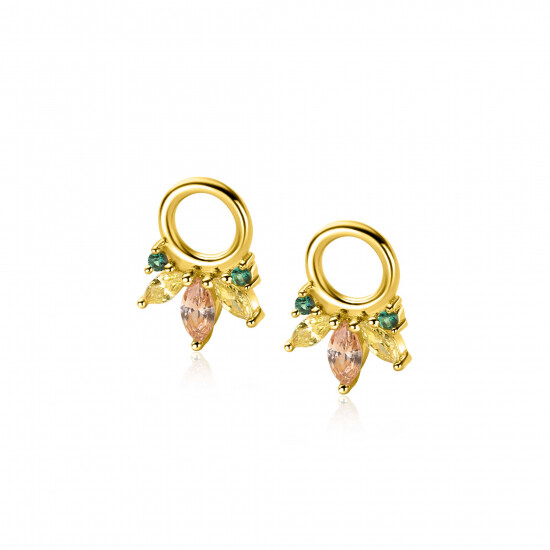 10mm ZINZI gold plated silver charm earrings with five playful settings in descending size, set with champagne, peridot and dark green gemstones ZICH2633GC (without hoops earrings)