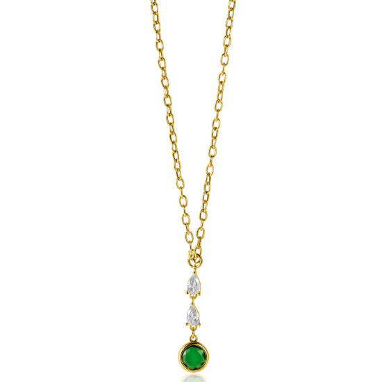 ZINZI Gold Plated Sterling Silver Chain Necklace with Beautiful Pendant (31mm): 2 Triangle Settings with White Zirconias and a Round Green Color Stone 40-45cm ZIC-BF69G
