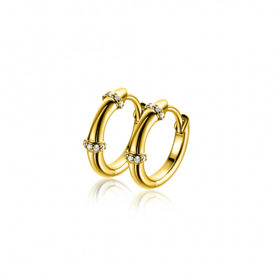 15mm ZINZI gold plated silver hoop earrings with bamboo pattern, set with white cubic zirconias and luxury clasp ZIO2687Y