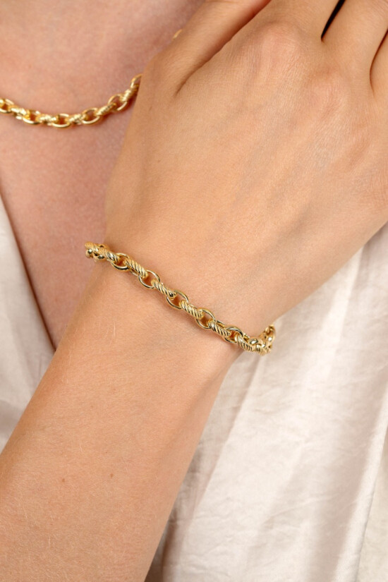 ZINZI gold plated silver wide chain bracelet (6mm wide) with luxury jasseron links in smooth and worked finishes 20cm ZIA2638