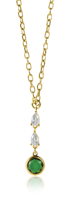 ZINZI Gold Plated Sterling Silver Chain Necklace with Beautiful Pendant (31mm): 2 Triangle Settings with White Zirconias and a Round Green Color Stone 40-45cm ZIC-BF69G