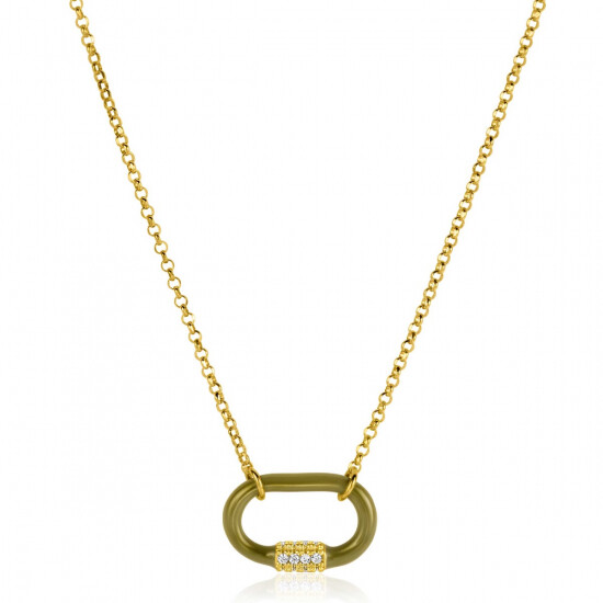 ZINZI Gold Plated Silver Chain Necklace 45cm Oval Pendant Olive Green Enamel And White Zirconias ZIC2374