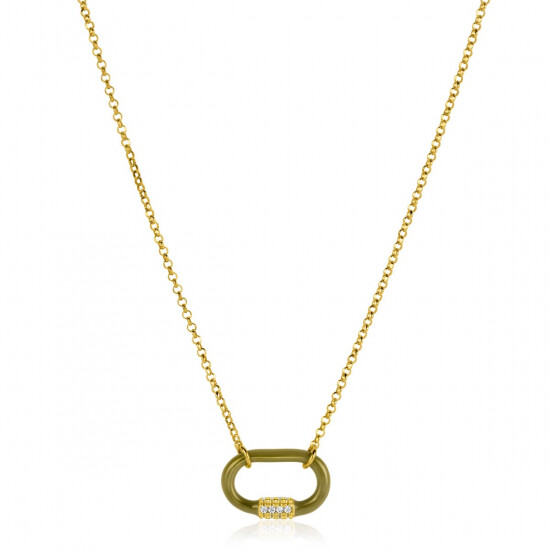 ZINZI Gold Plated Silver Chain Necklace 45cm Oval Pendant Olive Green Enamel And White Zirconias ZIC2374