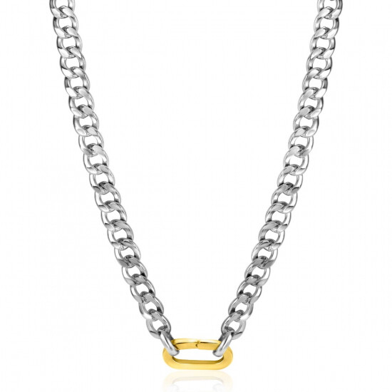 ZINZI Sterling Silver Curb Chain Statement Necklace 42cm with Gold Plated Oval Clasp ZIC2378