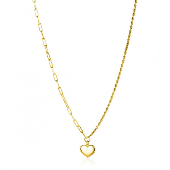 ZINZI Gold Plated Sterling Silver Chain Necklace with 2 Trendy Chains and Smooth Heart Pendant 40-45cm ZIC2381G