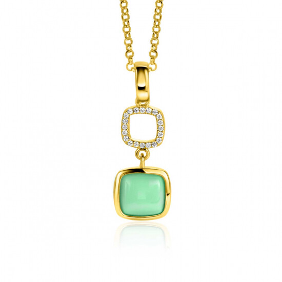 30mm ZINZI Gold Plated Sterling Silver Pendant Square Two-sided with White Onyx and Mint Green Color Stone ZIH2308 (excl. necklace)