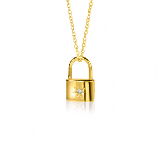 15mm ZINZI Gold Plated Sterling Silver Lock Pendant with Sunbeams and White Zirconia ZIH2356 (excl. necklace)