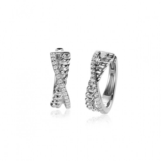 18mm ZINZI Sterling Silver Hoop Earrings Crossover White Zirconias and Curb Chain 18x6mm ZIO2326