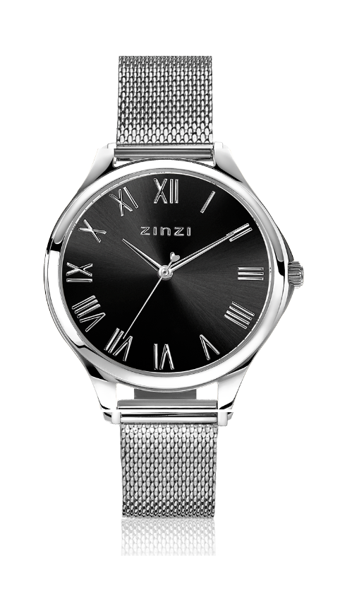 ZINZI Watch JULIA 34mm Black Dial Roman Figures Stainless Steel Case and Mesh Strap ZIW1101M