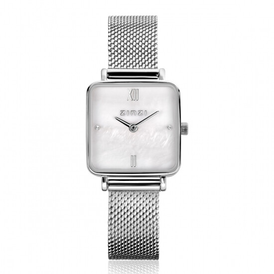 ZINZI Square Mini Watch White Mother-of-Pearl Dial and Square Silver Colored Case Stainless Steel Mesh Band 22mm ZIW1717