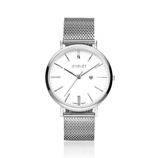 ZINZI Retro Watch White Dial Silver Colored Case and Stainless Steel Mesh Strap 38mm  ZIW406M