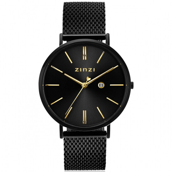 ZINZI Retro Watch Black and Gold Colored Dial Black Stainless Steel Case and Mesh Strap 38mm ZIW449M