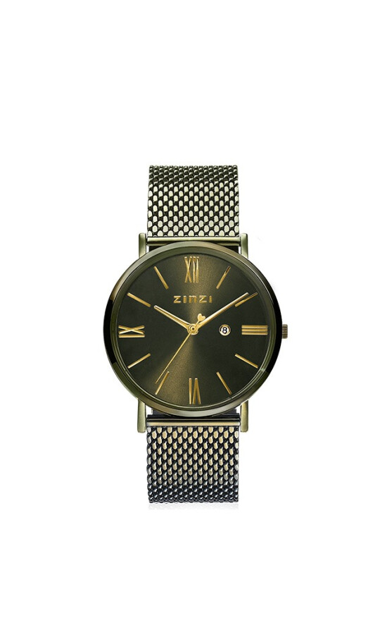 ZINZI Roman Watch Olive Green and Gold Colored Dial Olive Green Stainless Steel Case and Mesh Strap 34mm ZIW544M