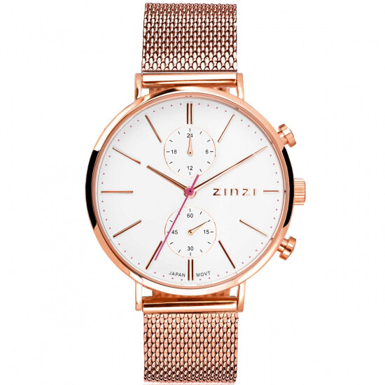 ZINZI Traveller Watch 39mm White Dial Rose Gold Colored Stainless Steel Case and Mesh Strap with dual time ZIW708M