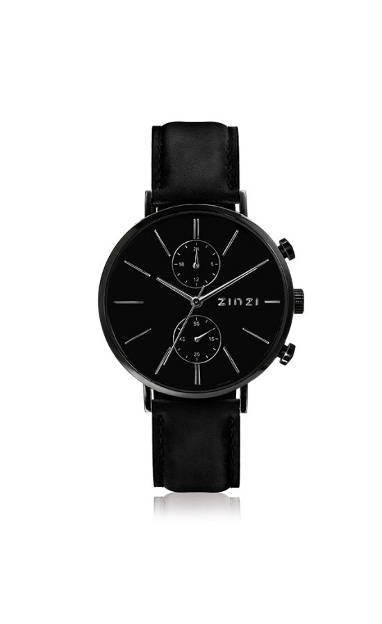 ZINZI Man Traveller Watch 39mm Black Dial Stainless Steel Case and Black Leather Strap with dual time ZIW750