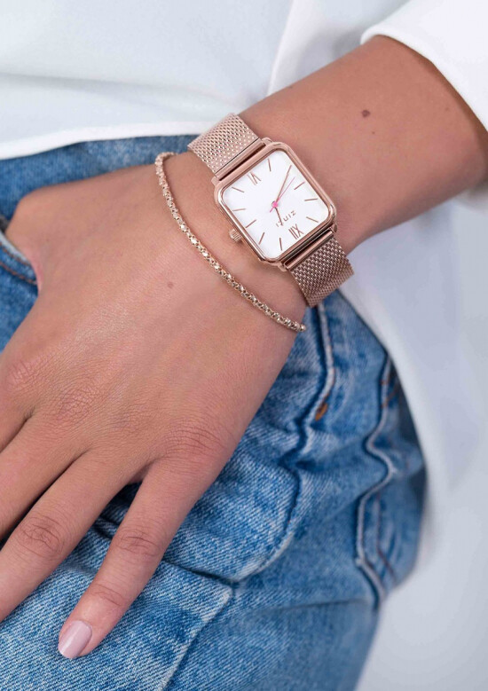 ZINZI Square Roman Watch 32mm White Dial Rose Gold Colored Square Case and Mesh Strap ZIW808M