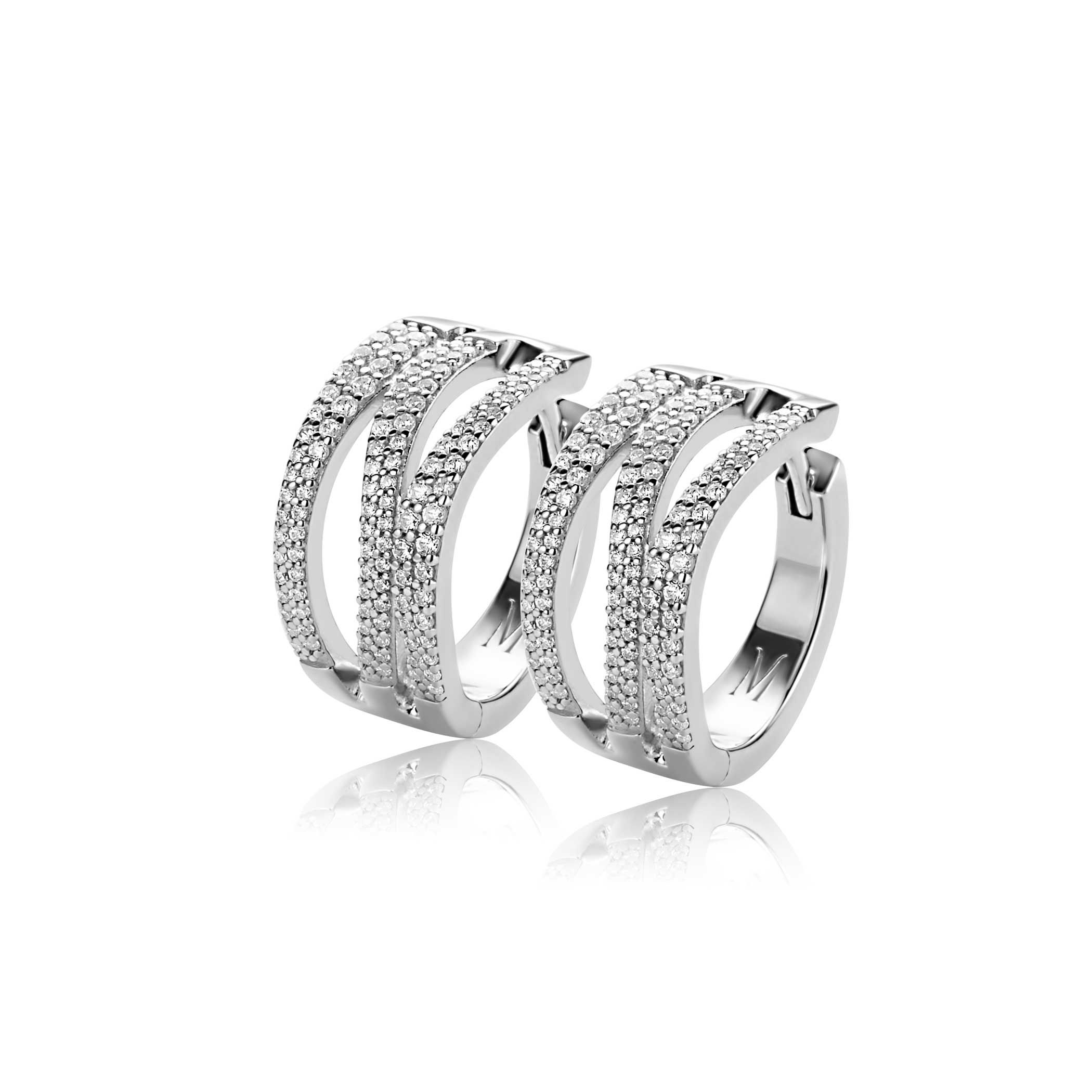 18mm Mart Visser by ZINZI silver hoop earrings, organically shaped with luxury hinge closure, adorned with white zirconia, MVO26