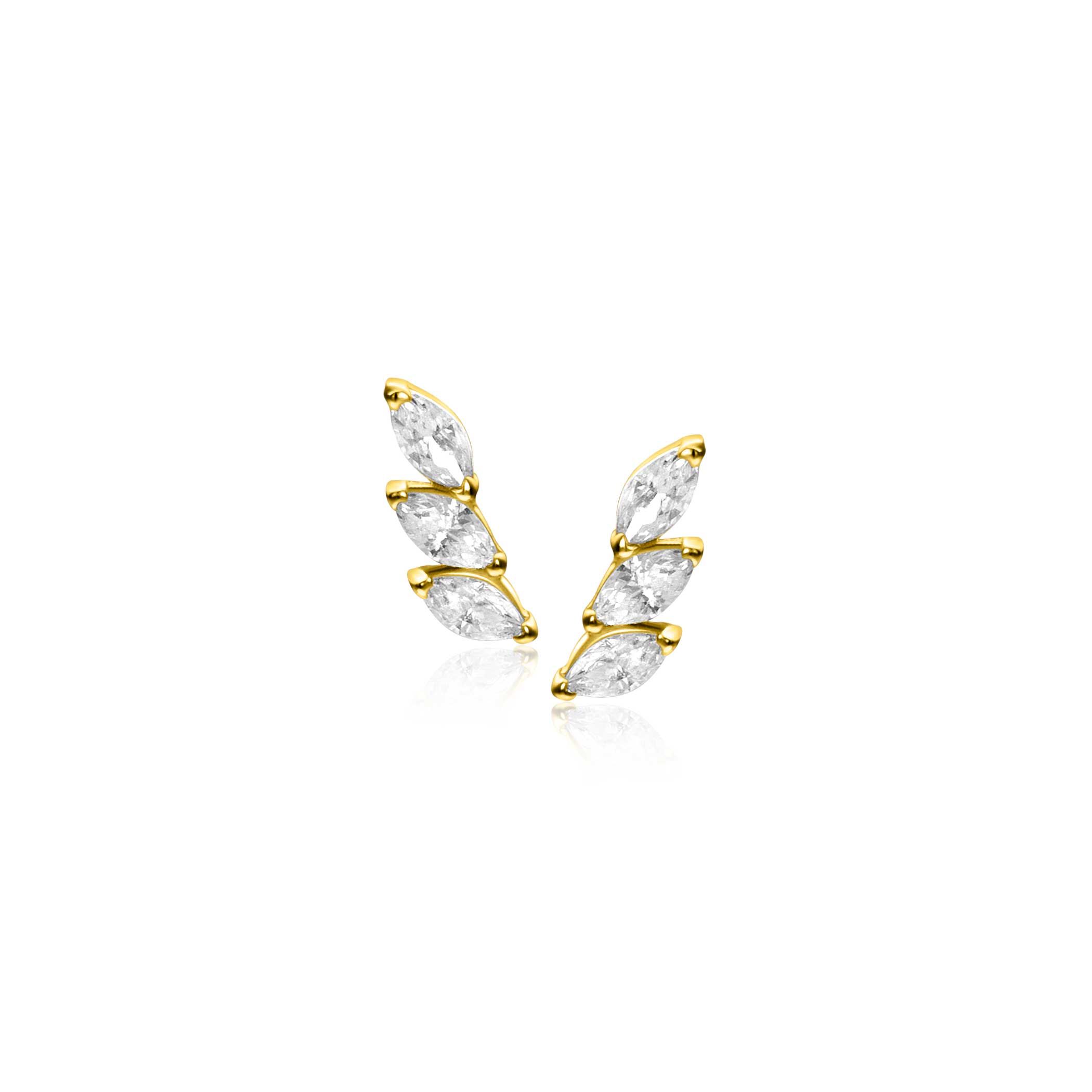 7mm ZINZI Gold 14 ct gold stud earrings with three oval white cubic zirconias ZGO518