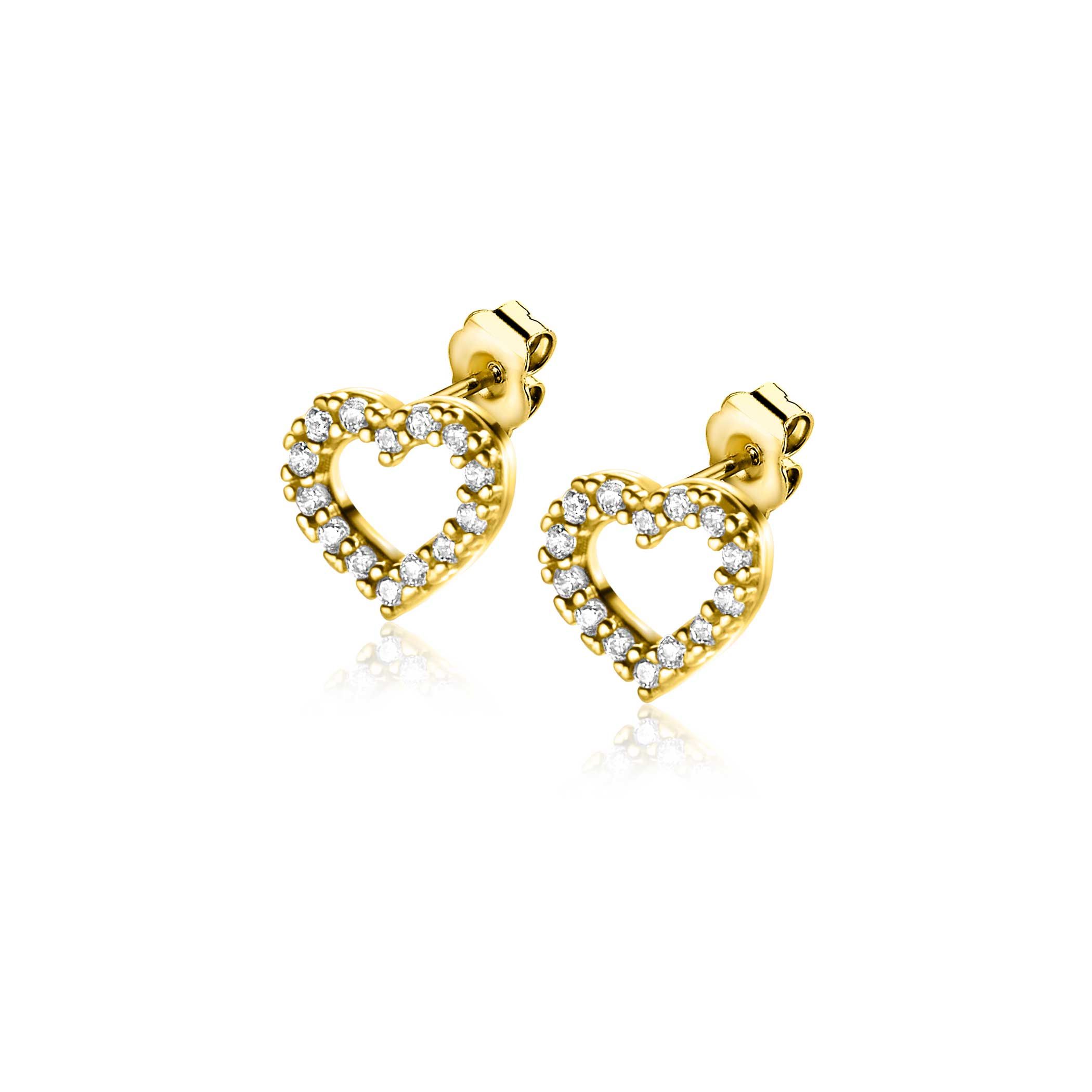 7mm ZINZI 14K Gold Stud Earrings Open Heart White Zirconias ZGO450