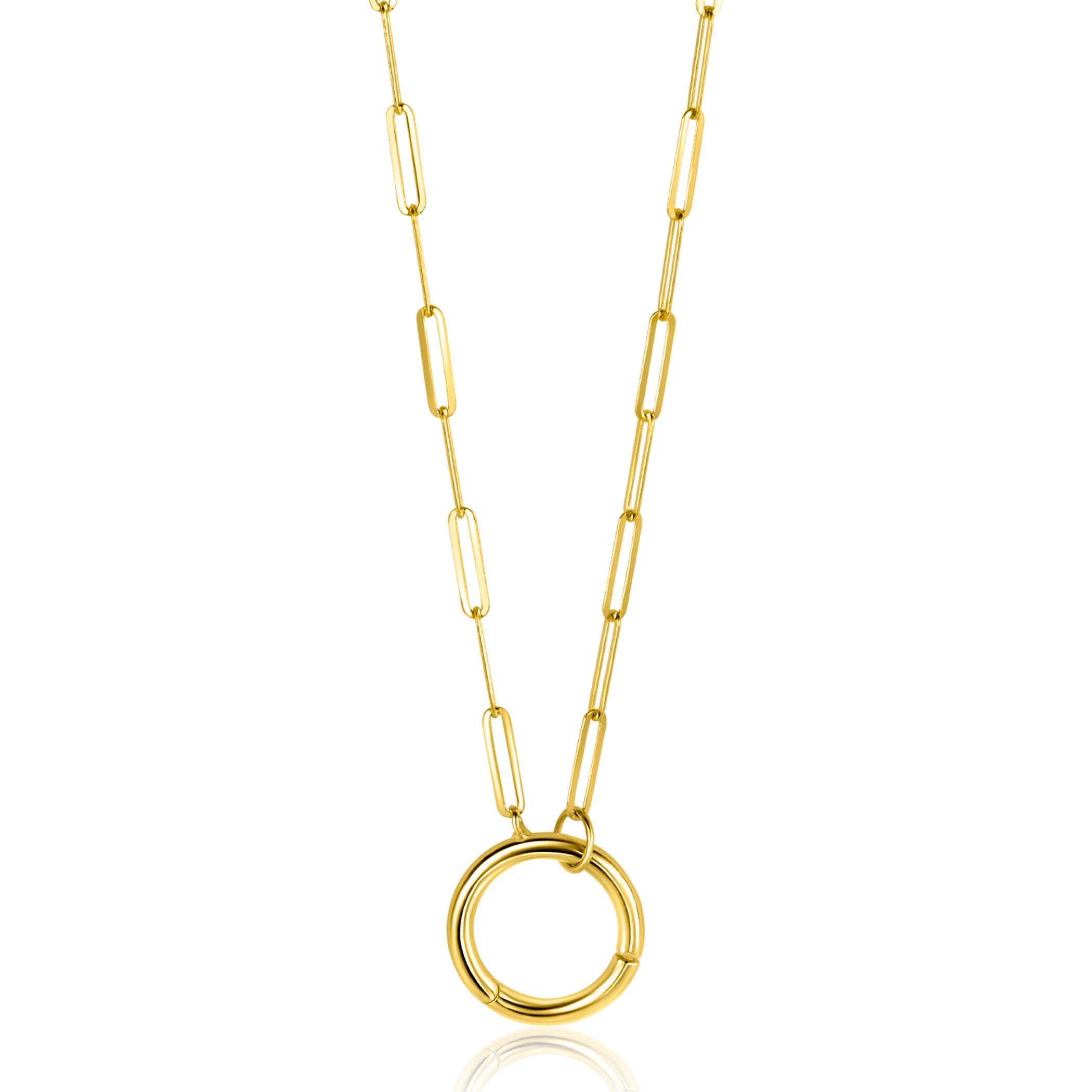 ZINZI Gold 14 karat gold paperclip necklace with a striking round front clasp, to which you can attach charms 45cm ZGC493
