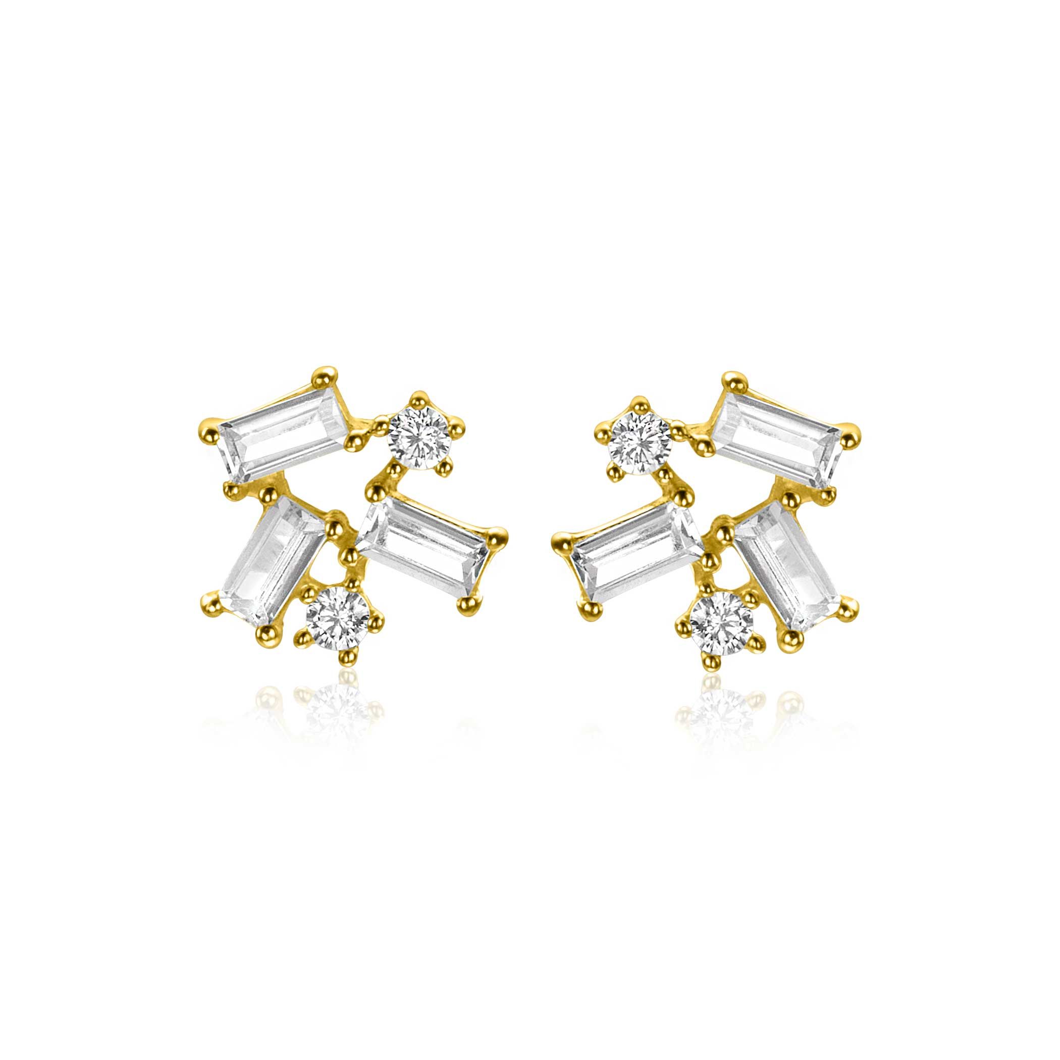8mm ZINZI Gold 14 ct gold fantasy stud earrings with rectangular baguette-cut and round white cubic zirconias ZGO511