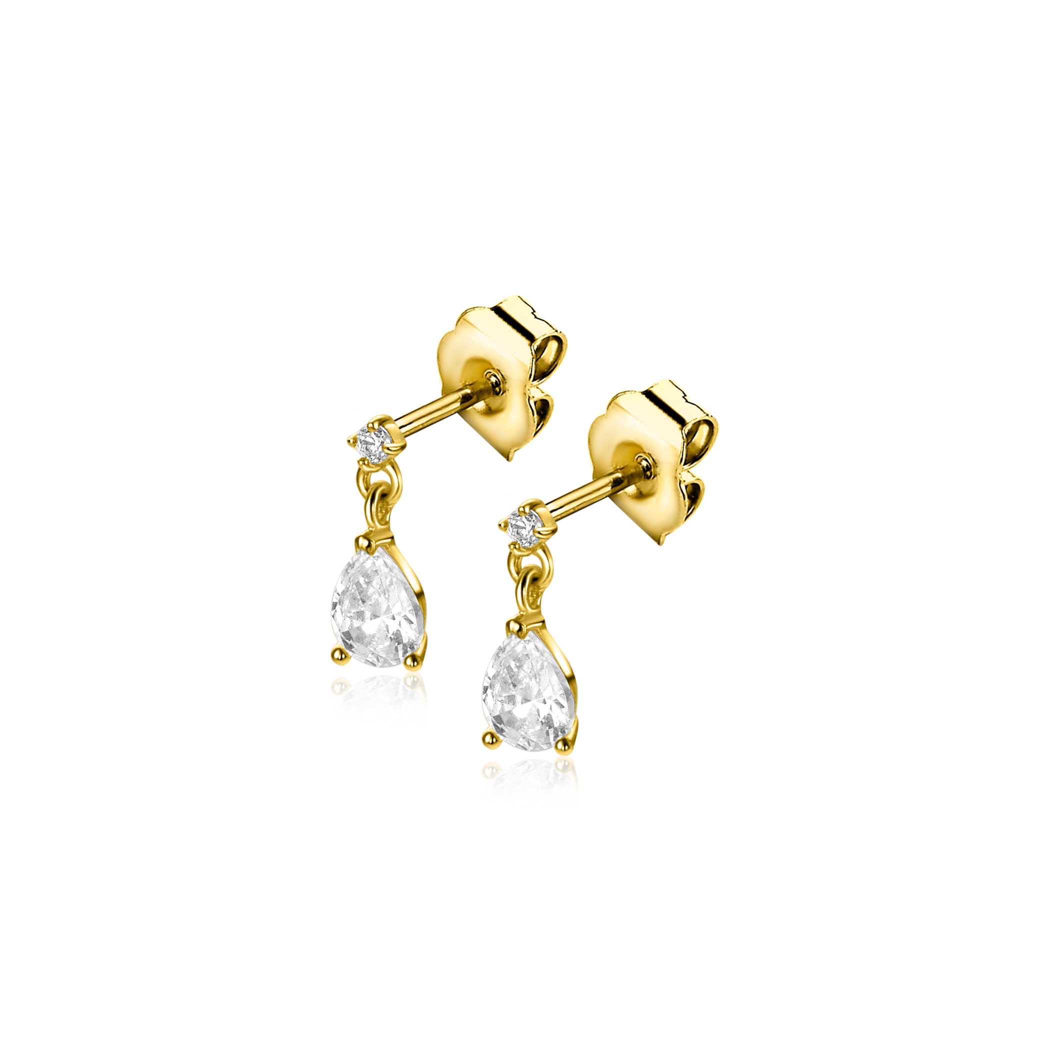 8mm ZINZI Gold 14 ct gold stud earrings with a pear-shaped and round white cubic zirconia ZGO514