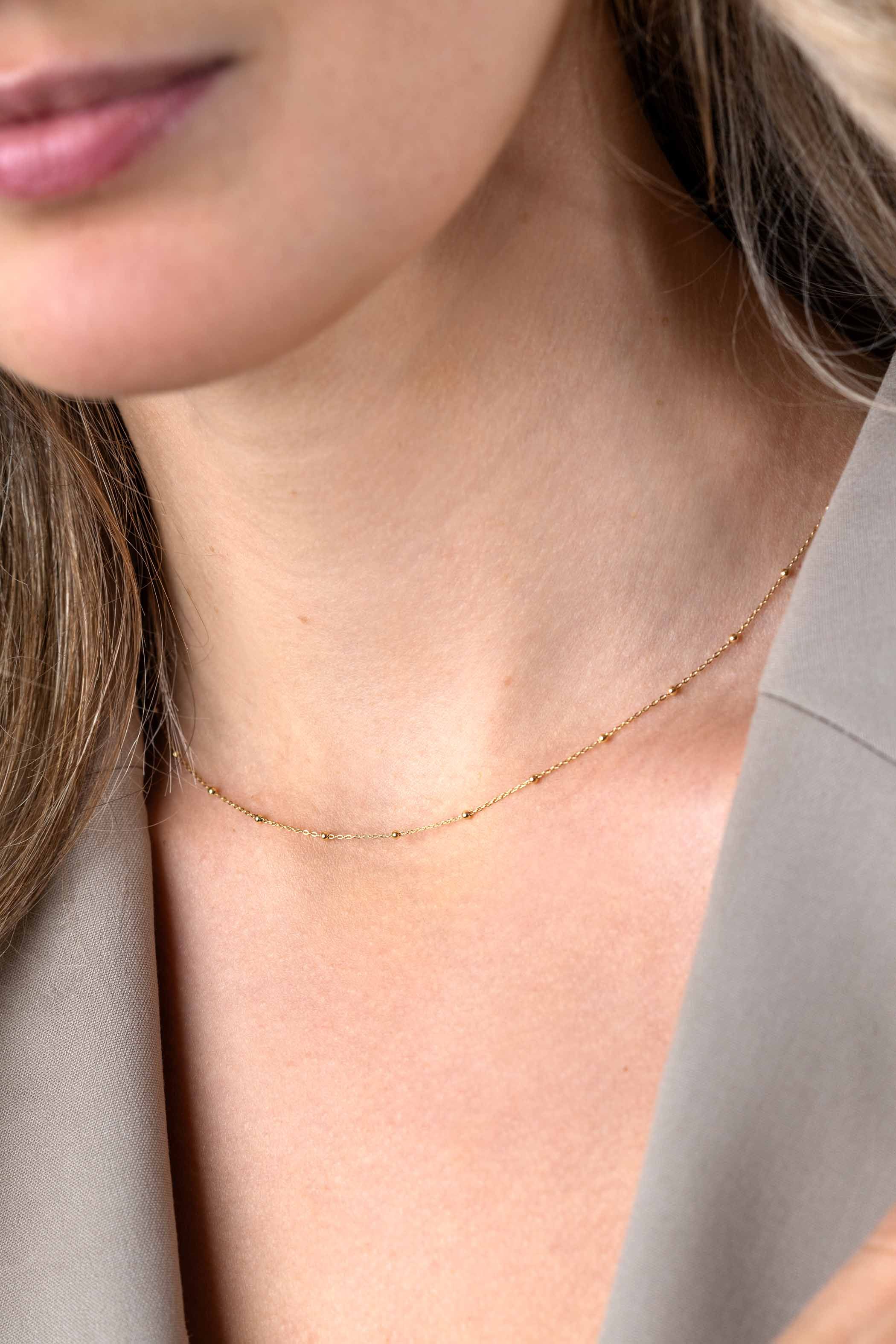 ZINZI Gold 14 karat gold link chain necklace with beads 1.5mm wide, length 40-45cm ZGC489

