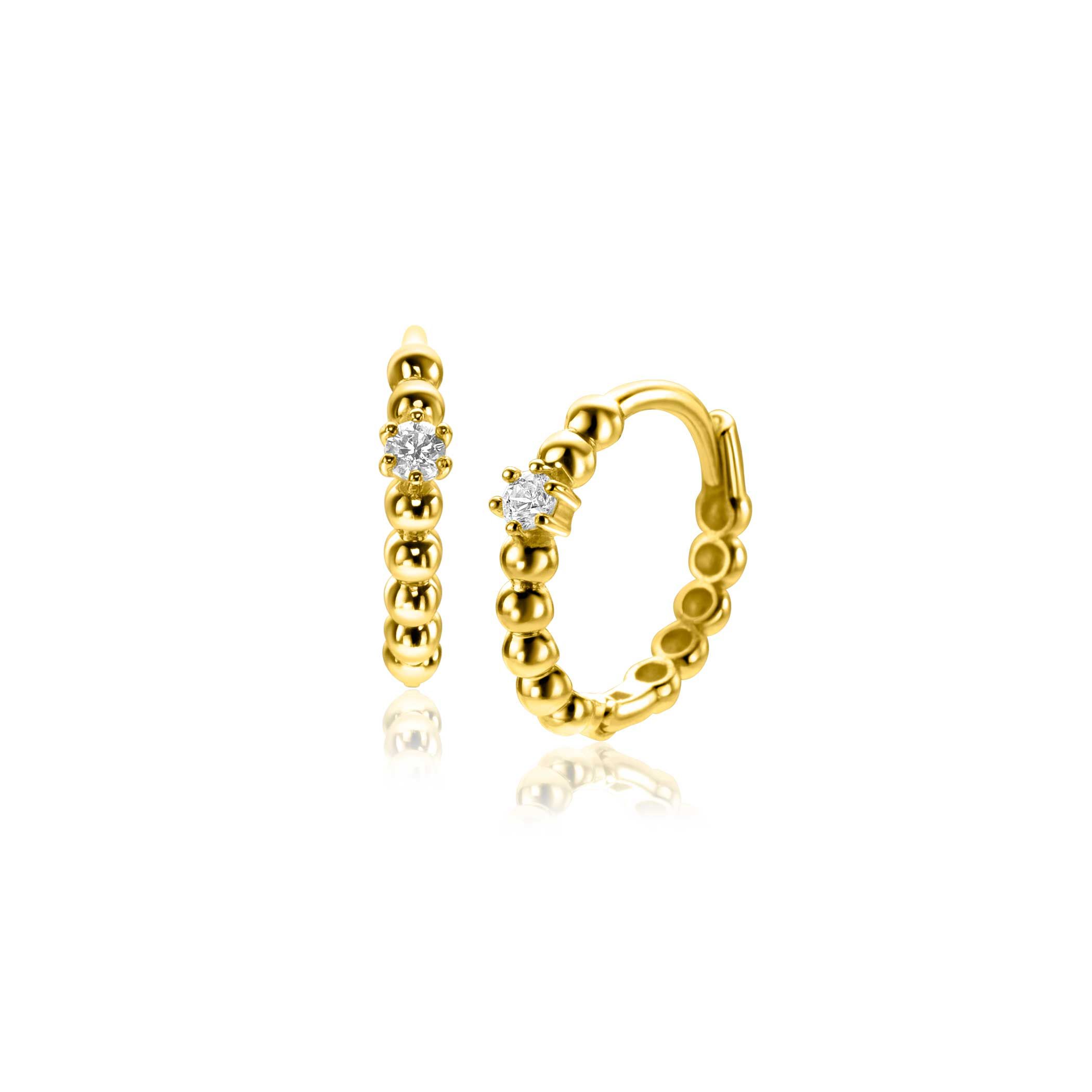13mm ZINZI Gold 14 ct gold hoop earrings with a bead design and a round white cubic zirconia, with luxury clip closure 13 x 2mm ZGO527