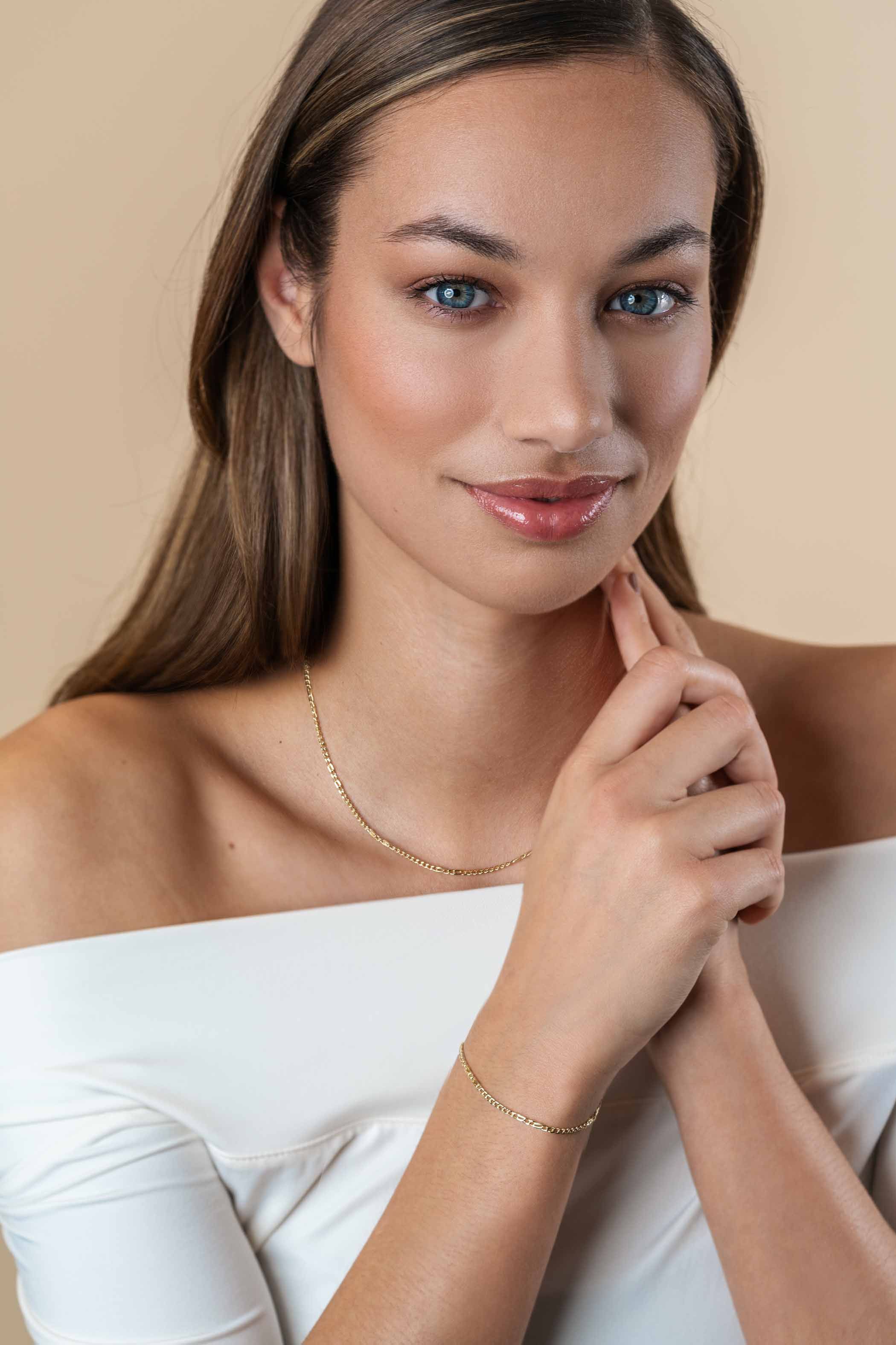ZINZI Gold 14 karat solid gold curb chain necklace with hawk eye links, 2mm wide, 41-43cm long ZGC498
