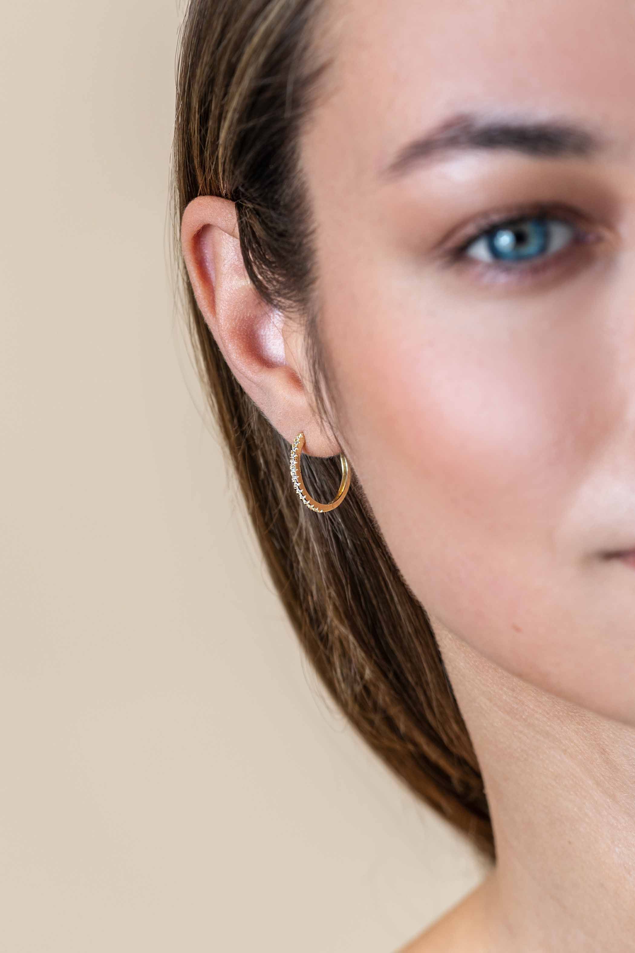 17mm ZINZI Gold 14 karat gold hoop earrings set with white zirconia stones and luxurious hinged closure 17mm x 1.7mm square tube ZGO506
