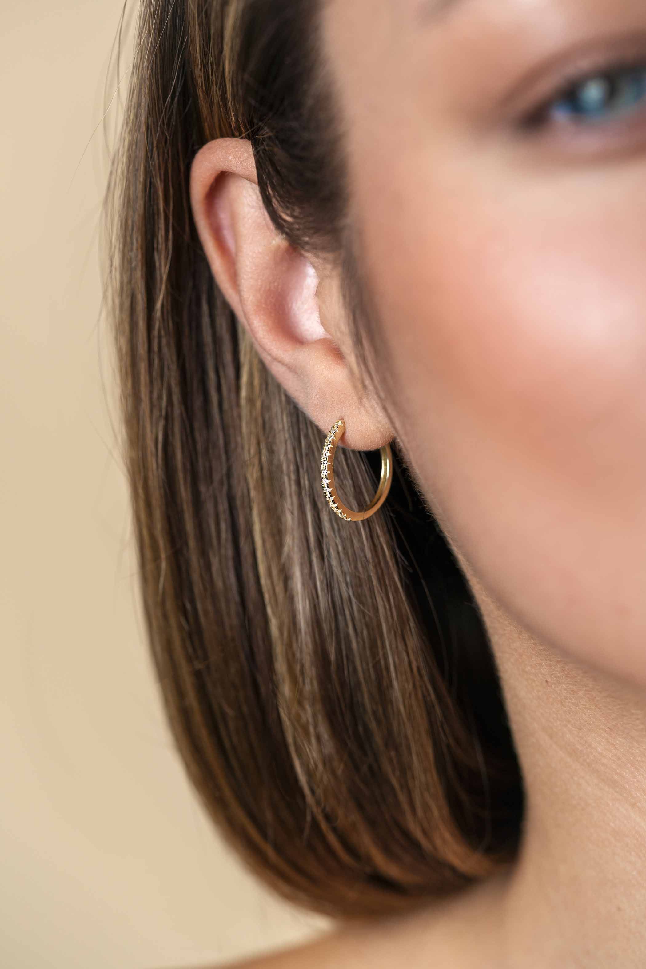 17mm ZINZI Gold 14 karat gold hoop earrings set with white zirconia stones and luxurious hinged closure 17mm x 1.7mm square tube ZGO506
